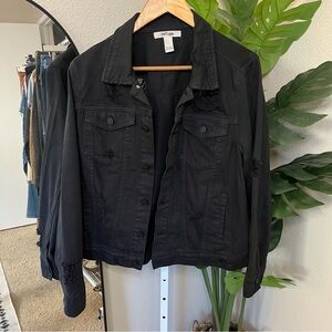 😮‍💨🖤 Refuge Black Distressed Denim Jacket Sz L | Shredded Ripped Trucker Jacket